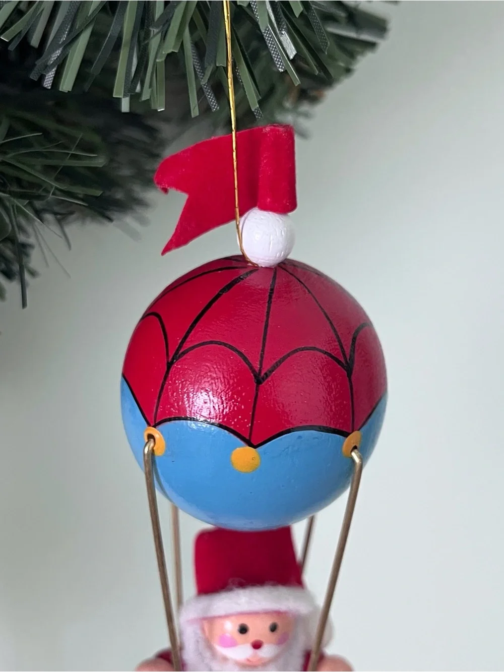 Vintage Santa Hot Air Balloon Ornament Hand-Painted Wood